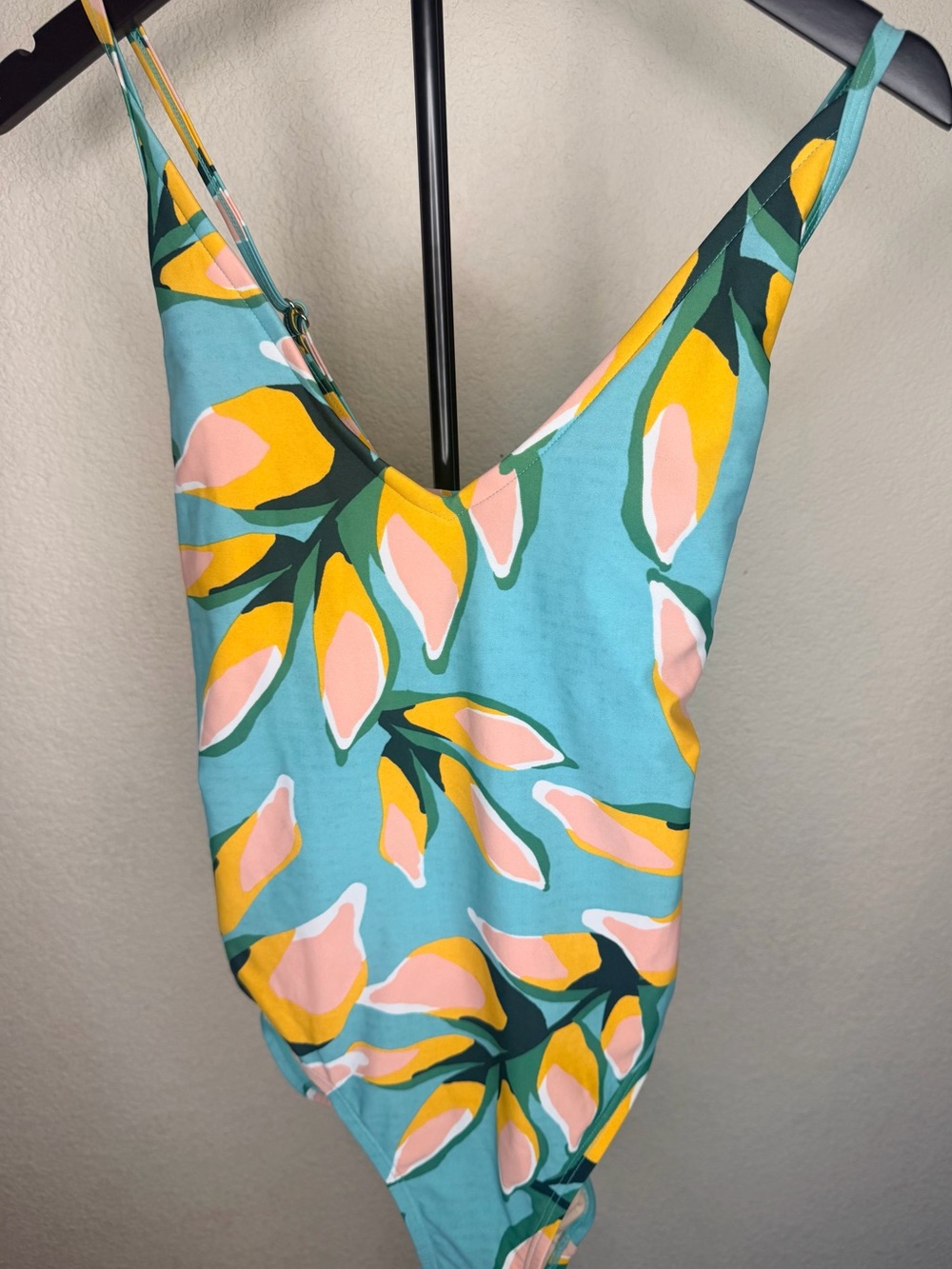 Kona Sol Aqua V Line One-Piece Swimsuit with Yellow & Pink Floral Print